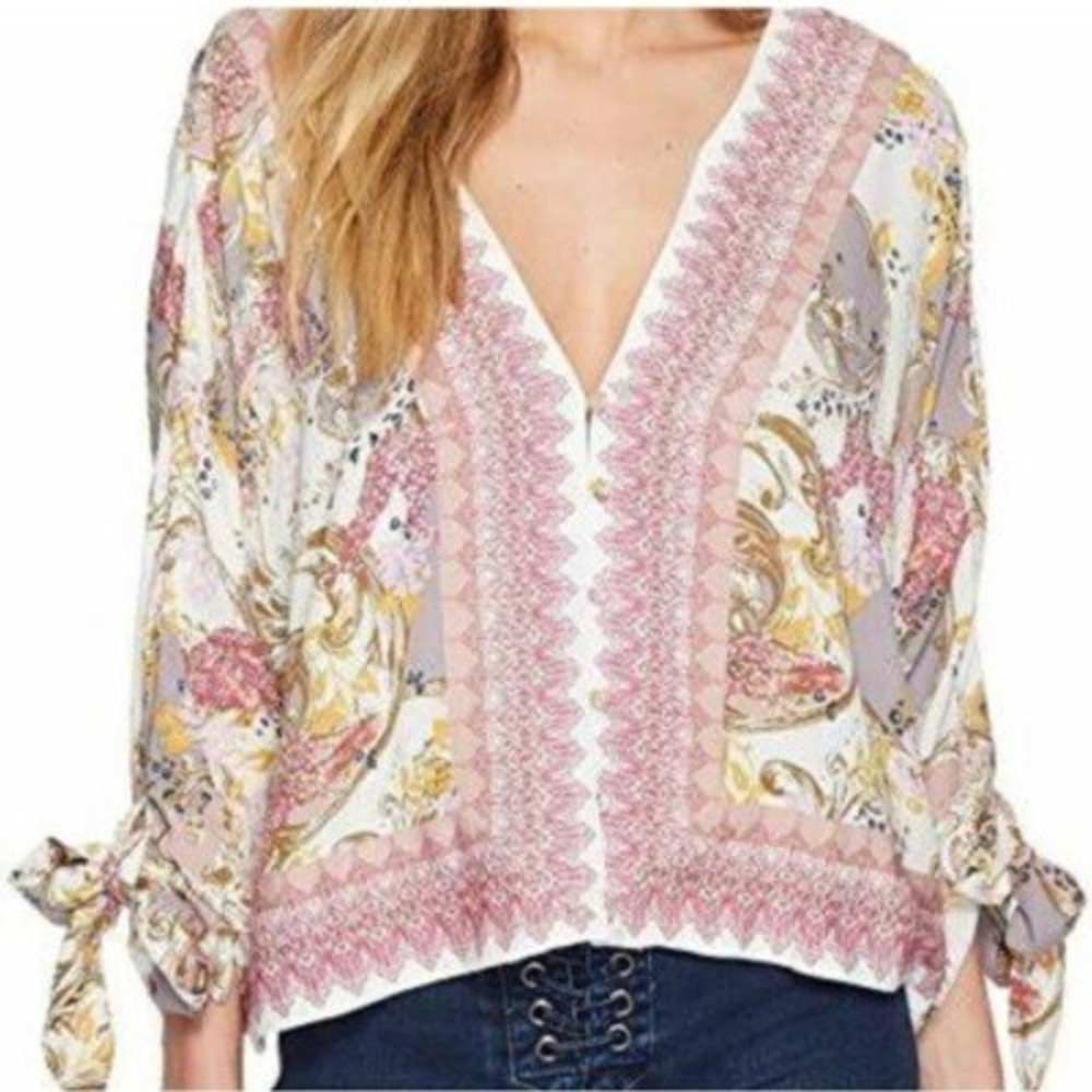 Free People Floral Sheer Kimono‎ Crop Top Pink Purple Button Front XS